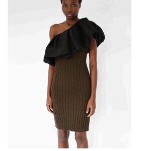 Lanvin Winter 2011 One Shoulder Dress Dark Green KNIT Wool Black Silk Ruffle